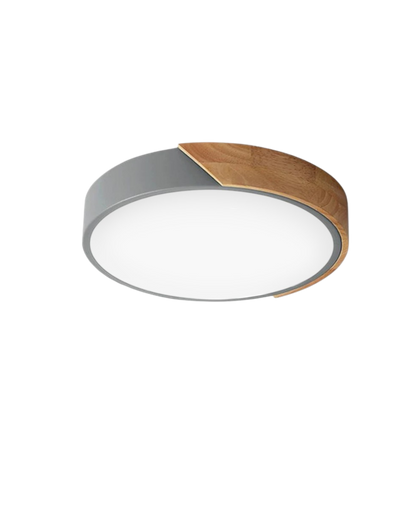 Round Flush Mount Ceiling Light with Wood Accent and Integrated LED – Modern Low Profile Fixture in 9, 12, 16, 20, and 24 inch Sizes for Liv