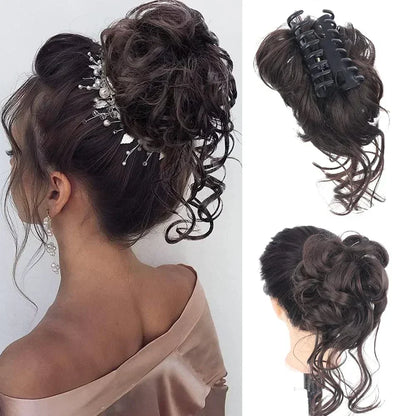 Clip-In Messy Bun Hair Extension with Curly Texture for Women, Synthetic Updo Hairpiece for Everyday & Special Events