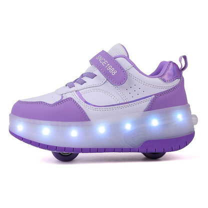 Light-Up Roller Skate Shoes for Kids with Detachable Wheels Purple Rechargeable Sneakers Boys Girls Indoor Outdoor Heelys-Style Footwear Ath