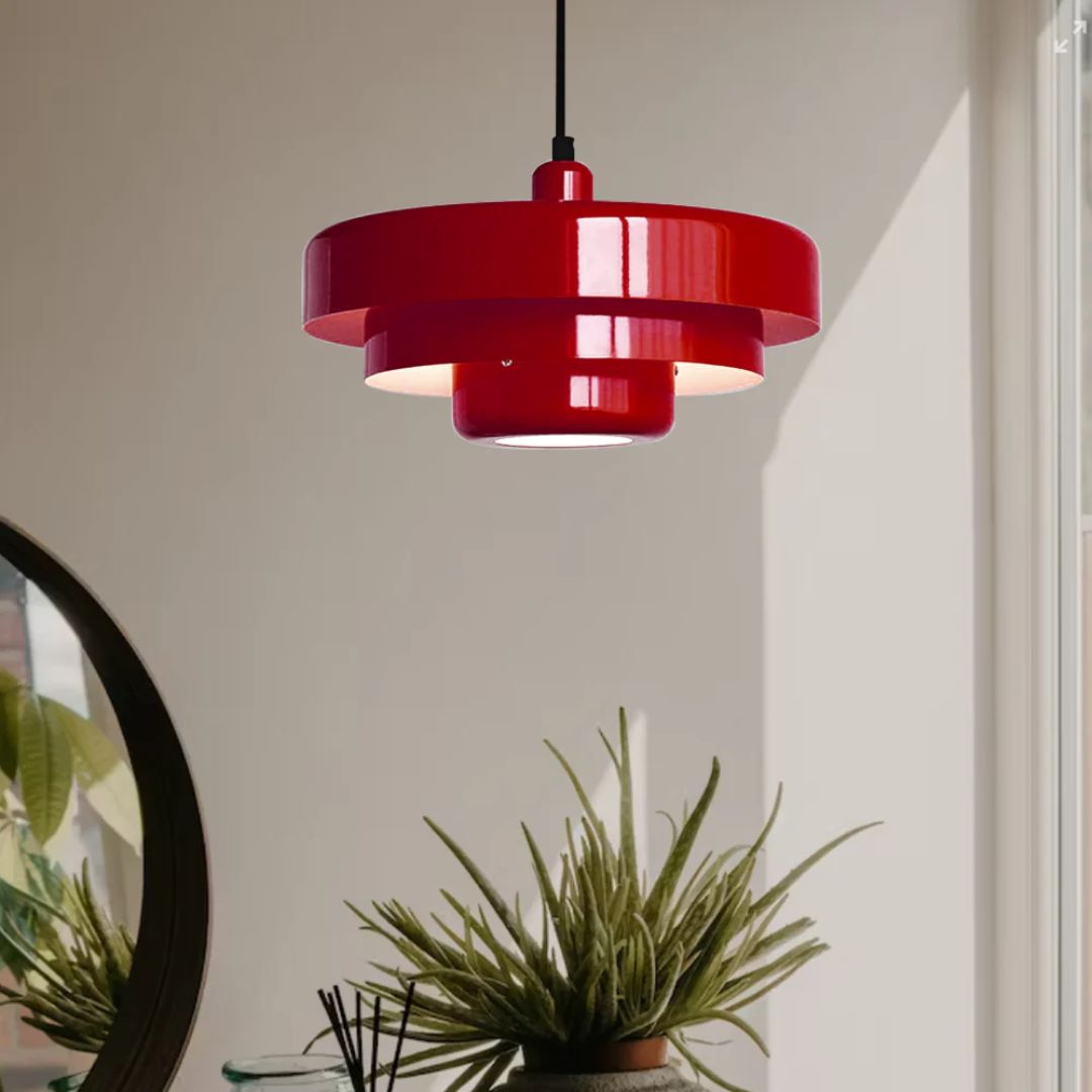 Hanging Iron Ceiling Fixture 14 Inch Layered Shade Height-Adjustable for Kitchen Dining Room Bedroom Modern Retro Downlight E27 Socket