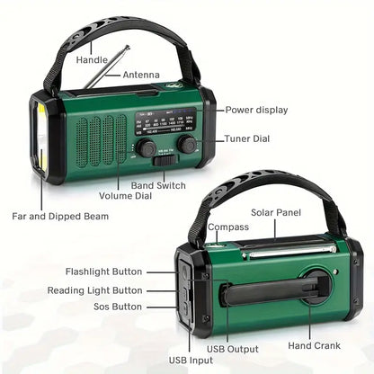 Emergency Hand Crank Weather Radio with 10000mAh Power Bank, Solar Charging, LED Flashlight, SOS Alarm for Camping Hiking Storms Blackouts