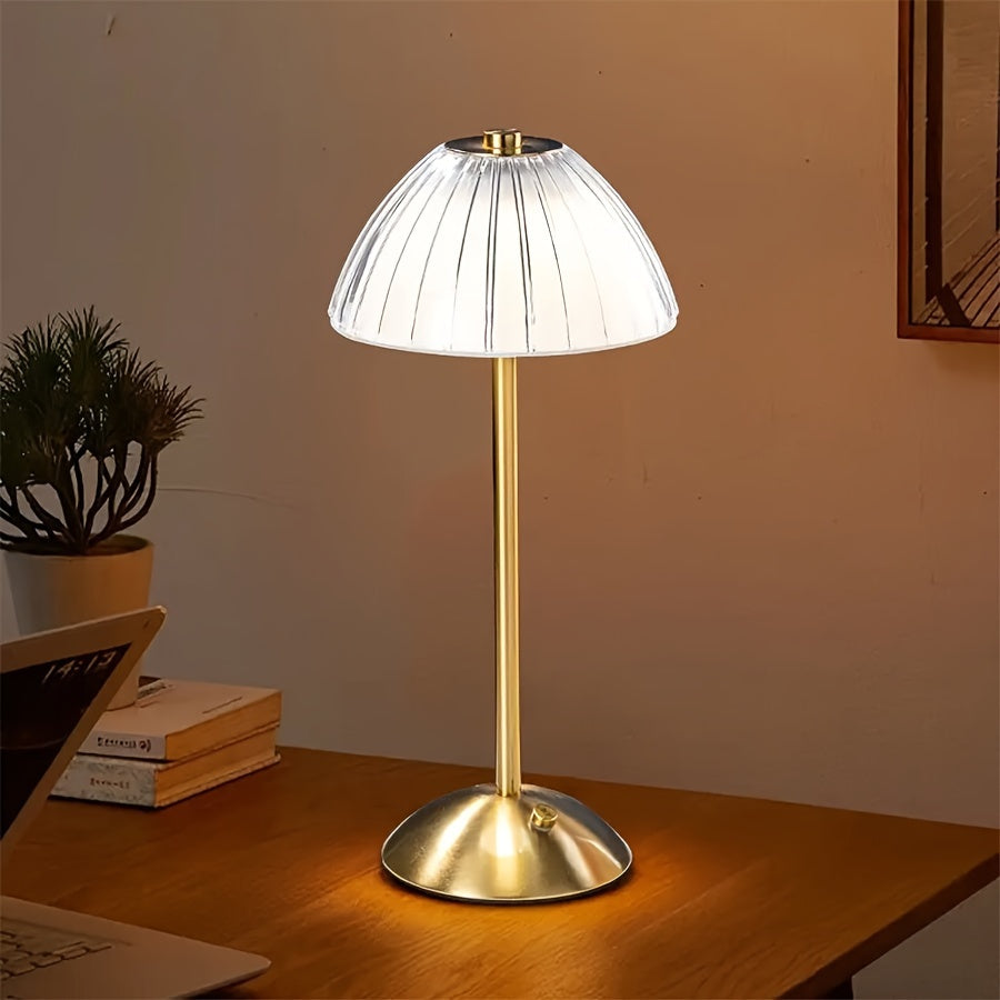 Rechargeable Touch LED Accent Lamp with Ribbed Glass Shade – Cordless Bedside Light for Nightstand, Dining Table, Restaurant – 3 Color