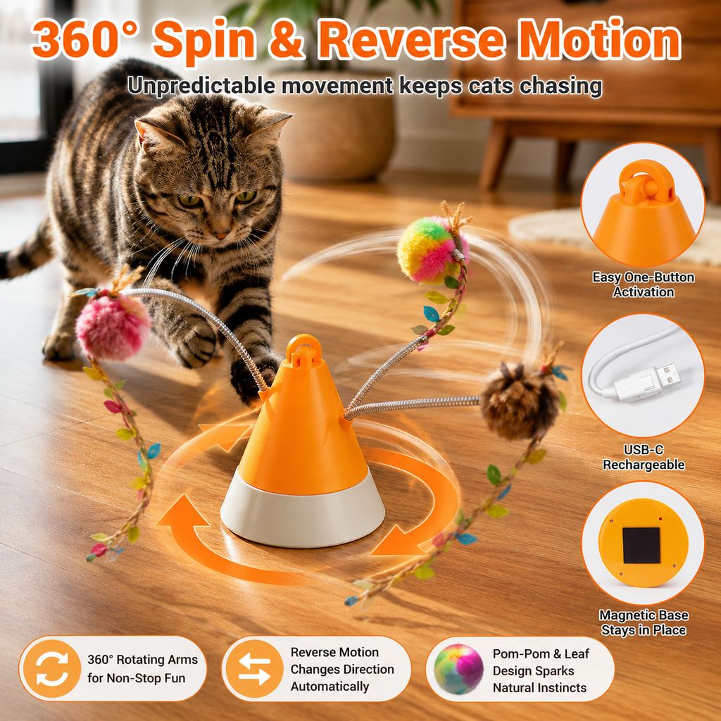 Ortekor MiaSpin 360 Magnetic Rotating Cat Teaser Toy for Indoor Cats - USB-C Hands-Free Play to Beat Boredom