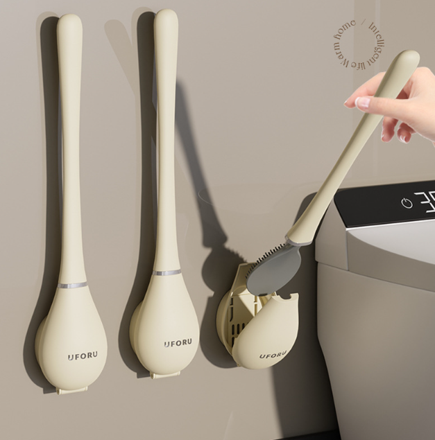 Silicone Toilet Brush with Flat Head & Wall Mount Holder for Deep Bowl Cleaning