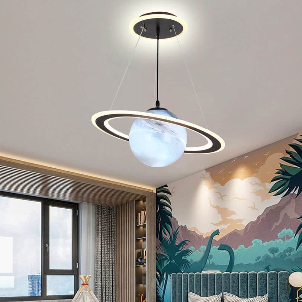 Hanging Space-Themed Fixture for Kids' Rooms Blue Acrylic Spherical Ceiling Lamp with LED Ring Light for Nursery Playroom Bedroom Decor Susp