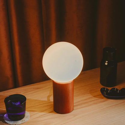 Spherical Glass Shade Nightstand Light 11 in Natural Wood Base Bedside Reading Lamp Retro Accent Illumination for Bedroom Living Room Office