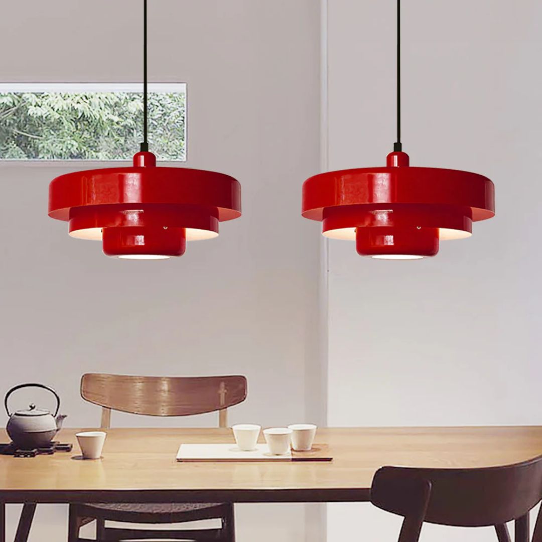 Hanging Iron Ceiling Fixture 14 Inch Layered Shade Height-Adjustable for Kitchen Dining Room Bedroom Modern Retro Downlight E27 Socket