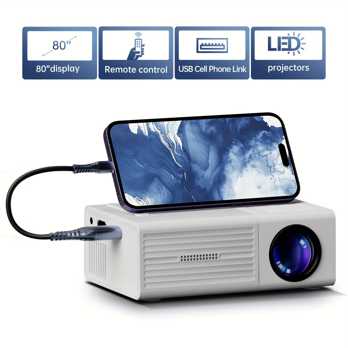 Compact LED Projector 3000 Lumens HDMI USB Movie Display for Indoor Outdoor Home Theater Streaming Media Laptop Smartphone Presentations
