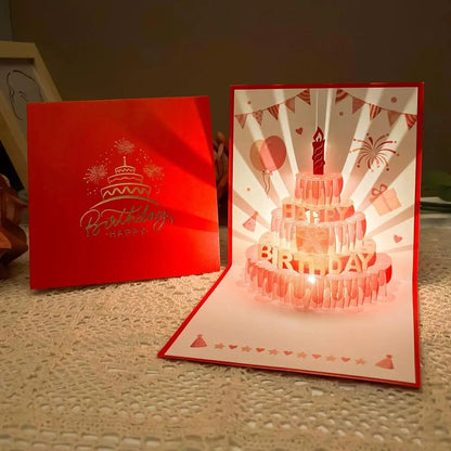 Musical Pop-Up Birthday Card with LED Candle Light | 3D Laser-Cut Cake Design Greeting Card | Sound & Light Keepsake Gift Card for Him or