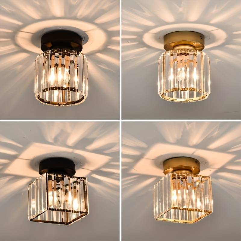 Decorative Flush Mount Light Fixture with Glass Cube and Metal Accents E27 Socket for Entryway Bedroom Small Room Ambient Overhead Lighting