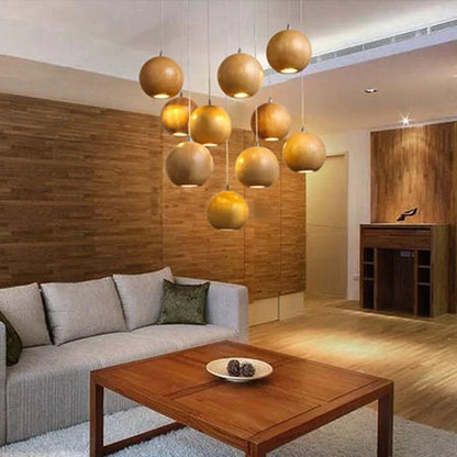 Natural Wood Sphere Pendant Light | Modern Globe Drop Ceiling Lamp for Kitchen Island, Dining Room, Living Room & Restaurant | Adjustable