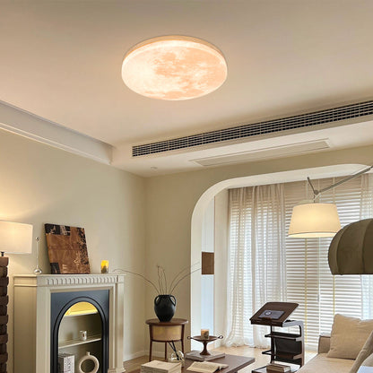 Round Flush Mount LED Fixture Moon Surface Wood & Acrylic 19 in Diameter Low Profile for Bedroom Living Room Hallway Ambient Lighting Japand