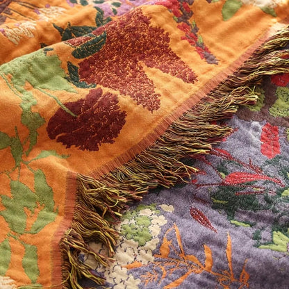 Reversible Cotton Throw Blanket with Floral Jacquard Weave & Tassel Trim for Sofa, Bed, Couch | All-Season Lightweight Decorative Blanket