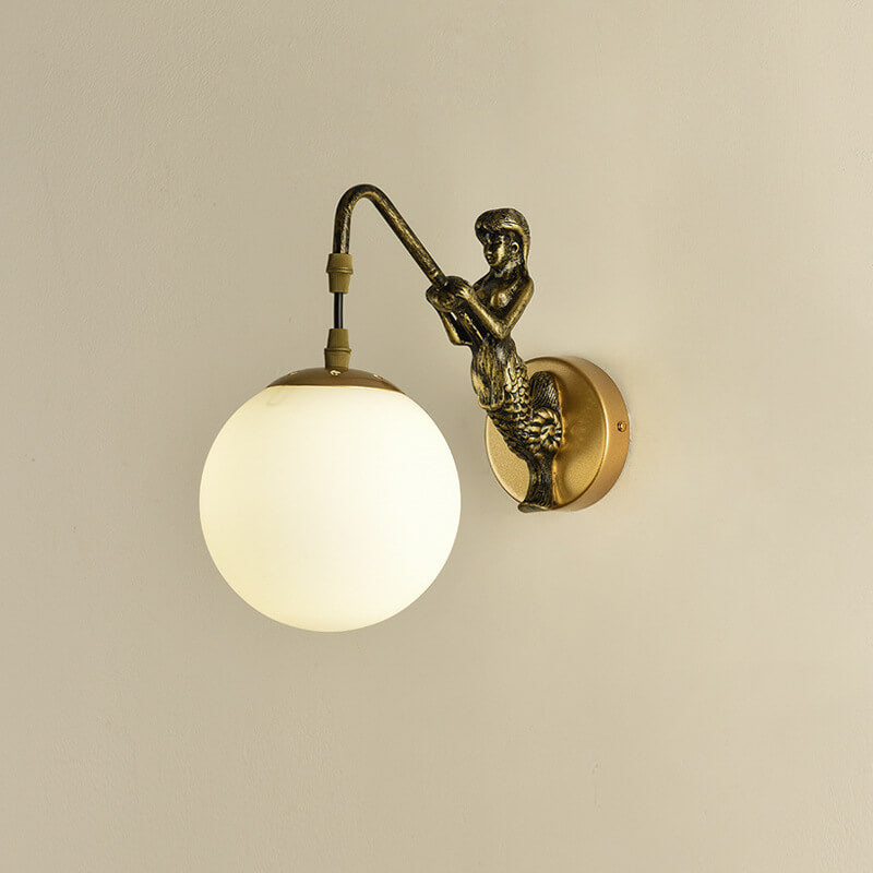 Mermaid Glass Globe Wall Light Fixture Metal Resin Single Sconce Coastal Décor for Bedroom Living Room Hallway Bathroom E26 Hardwired