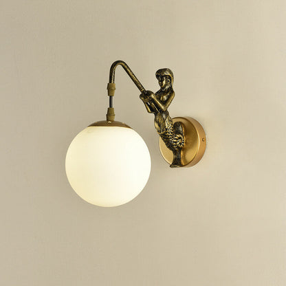 Mermaid Glass Globe Wall Light Fixture Metal Resin Single Sconce Coastal Décor for Bedroom Living Room Hallway Bathroom E26 Hardwired