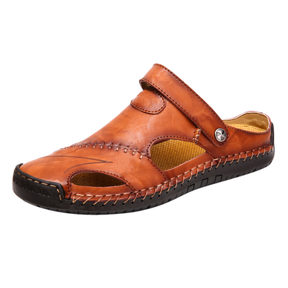 Men's Leather Slide Sandals – Closed Toe Slip-On with Orthopedic Support & Non-Slip Sole for Summer, Casual Wear, Travel & Vacation