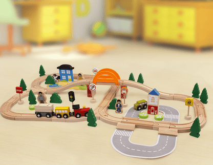78-Piece Wooden Train Set with Tracks & Town Accessories for Kids | Storage Box Included | Pretend Play Railway Kit for Toddlers Ages 3+
