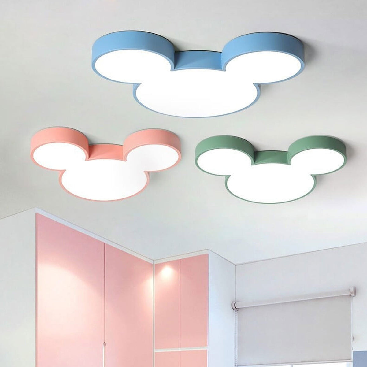 Cartoon Character LED Flush Mount Ceiling Light for Kids Room – Slim Low-Profile Design in Blue, Green, Pink & White with Integrated LED
