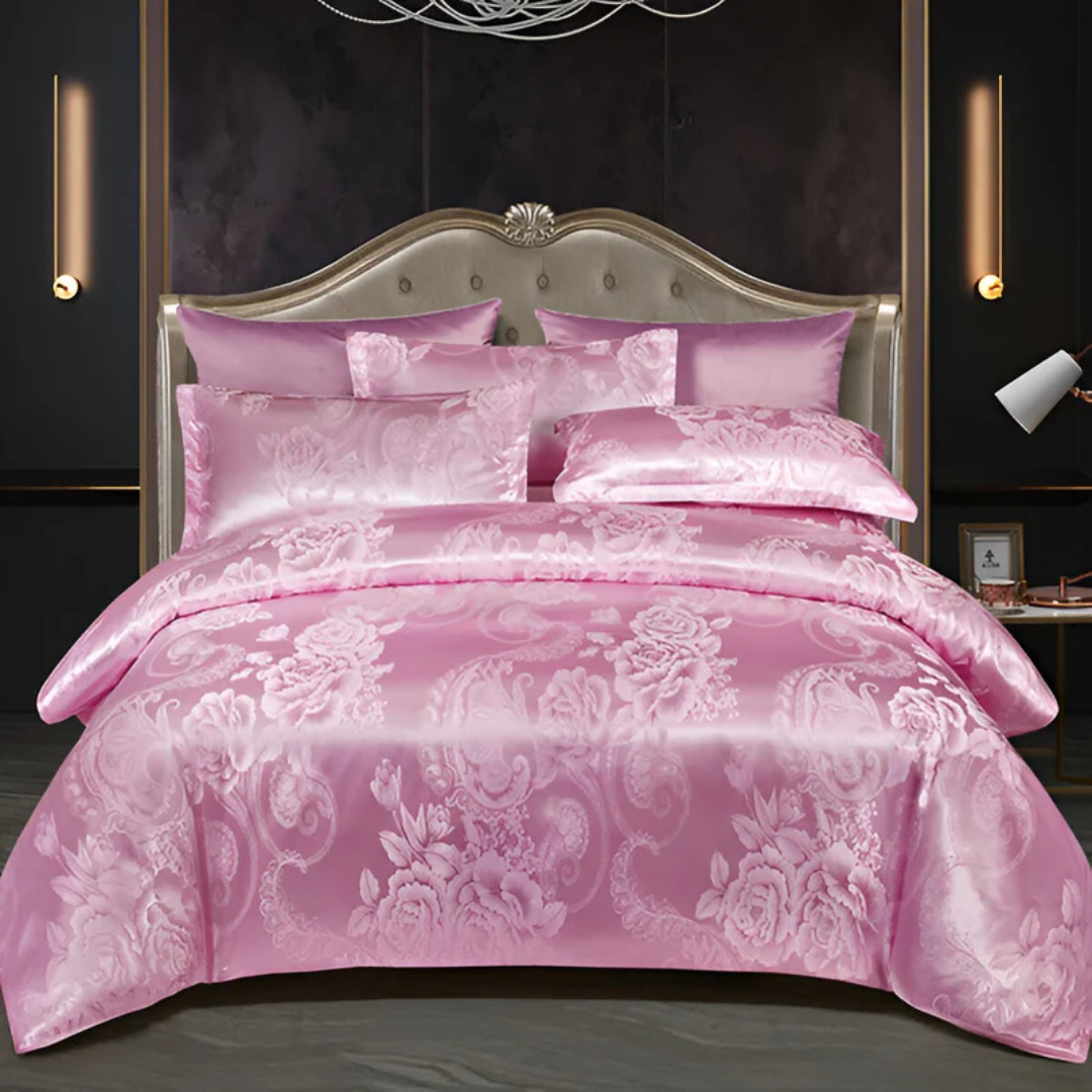 Floral Jacquard Duvet Cover Set Silky Satin Bedding 3-Piece with Pillowcases All Season Breathable Comforter Cover for Bedroom Décor