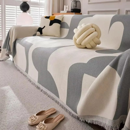 Reversible Chenille Sofa Throw Blanket with Tassels, Soft Jacquard Boho Couch Protector for Living Room, Bedroom, Patio, Machine Washable