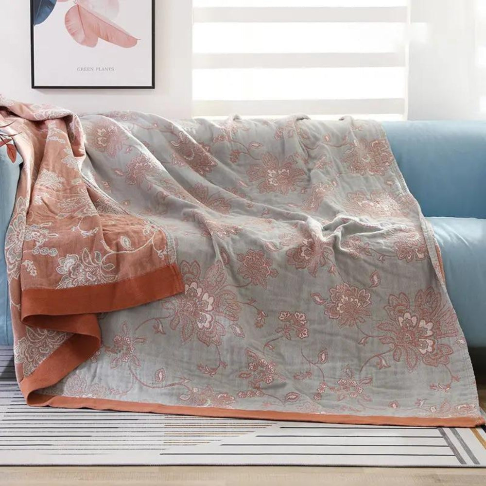 Lightweight Cotton Gauze Throw Blanket with Floral Design for Year-Round Comfort, Breathable Bedding for Bedroom, Sofa, or Guest Room