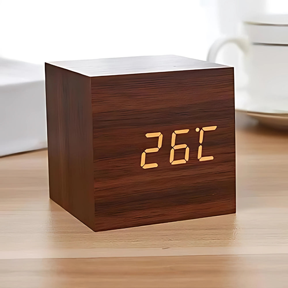 Wooden LED Cube Alarm Clock with Temperature Display and USB Power for Bedroom Nightstand Desk Office
