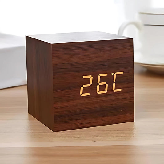 Wooden LED Cube Alarm Clock with Temperature Display and USB Power for Bedroom Nightstand Desk Office