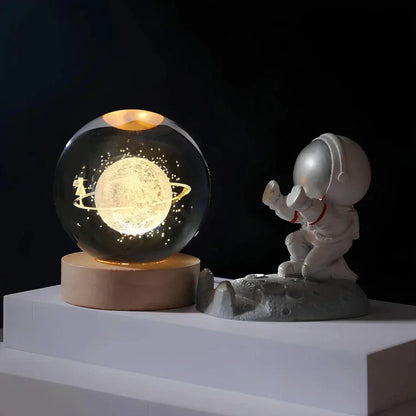 3D Engraved Crystal Planet Sphere Night Light on Wood Base USB Powered Desk Lamp Warm White LED Glow for Bedroom Living Room Nursery Space
