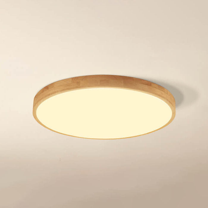 Slim Profile Round Wood Ceiling Light Fixture with Integrated LED – Modern Flush Mount in Natural Beige Finish for Bedroom, Living Room &