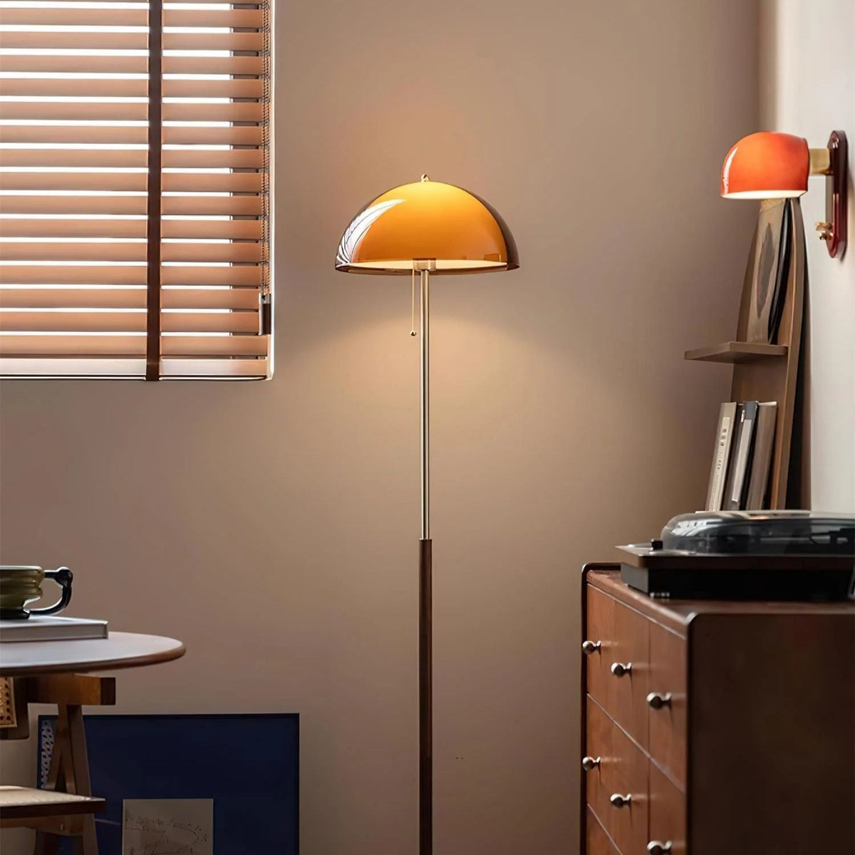 Tall Arched Standing Lamp with Translucent Dome Shade 63 Inches for Living Space Reading Corner Retro Mid-Century Accent Lighting Walnut Woo