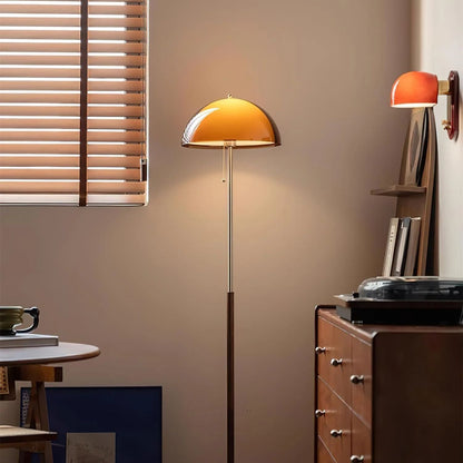 Tall Arched Standing Lamp with Translucent Dome Shade 63 Inches for Living Space Reading Corner Retro Mid-Century Accent Lighting Walnut Woo