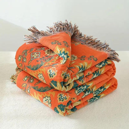 Reversible Cotton Throw Blanket with Floral Pattern Orange & Teal for Couch Sofa Bed Picnic Beach Home Decor