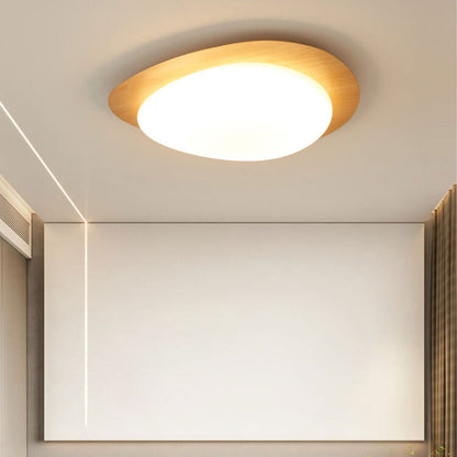 Oval Stone-Textured LED Ceiling Mount Light with Timber Finish for Bedrooms | Modern Hardwired Close-to-Ceiling Fixture for Living Rooms &