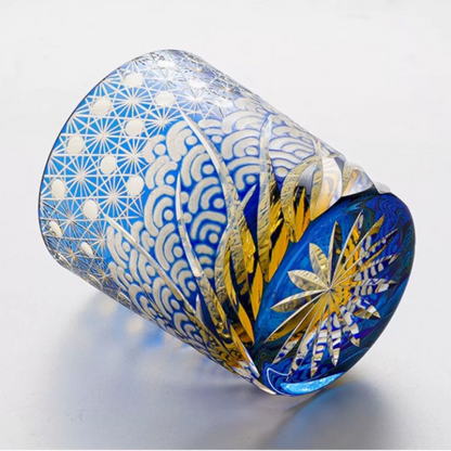 Hand-Cut Crystal Tumbler for Bourbon & Spirits, Blue-Amber Glass with Authentic Japanese Patterns, Gift-Ready Keepsake Box for Collectors