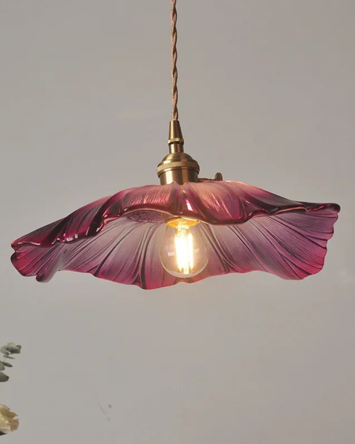 Glass Pendant Light with Brass Socket and Organic Petal Shape for Dining Room and Living Space