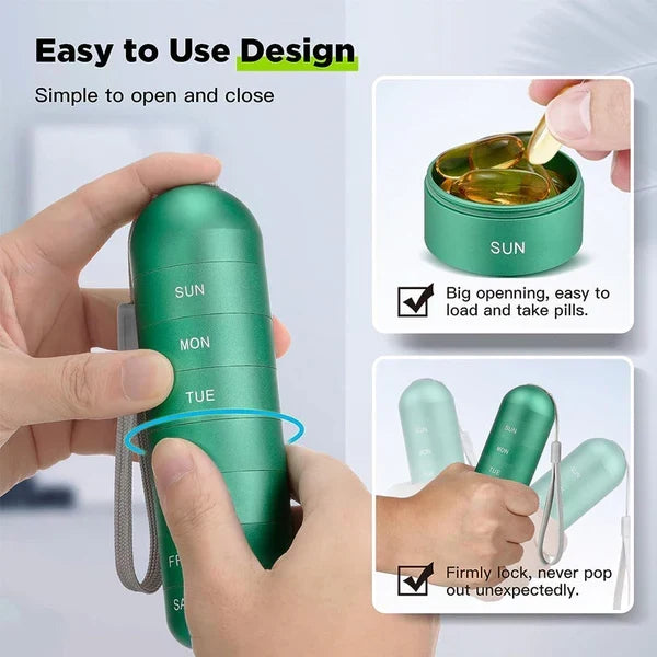 Weekly Medication Organizer Metal 7-Day Pill Case for Supplements Travel Vitamins Compact Stackable Waterproof Daily Dose Container
