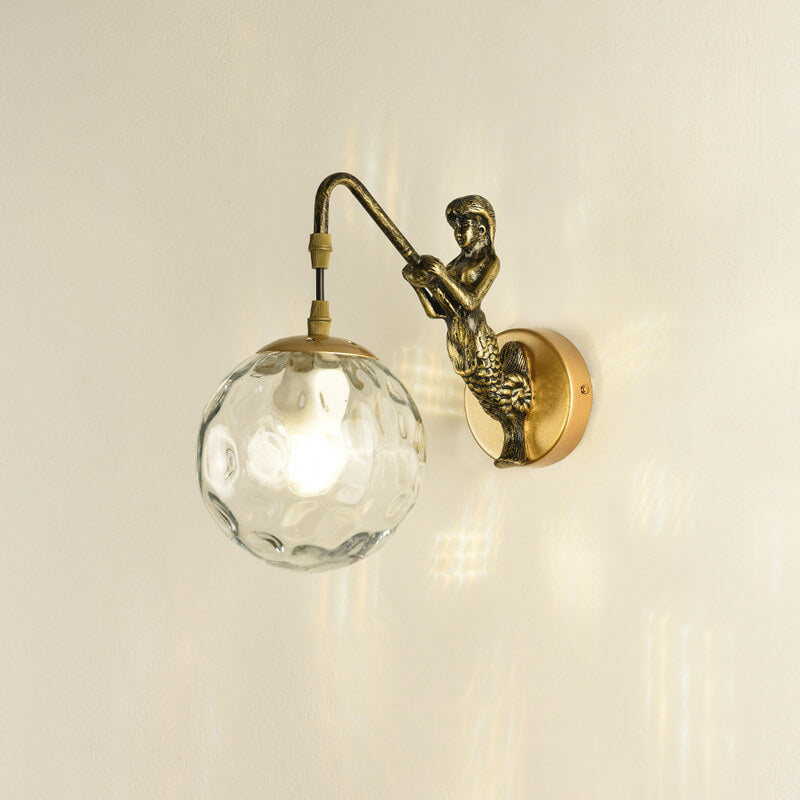 Mermaid Glass Globe Wall Light Fixture Metal Resin Single Sconce Coastal Décor for Bedroom Living Room Hallway Bathroom E26 Hardwired