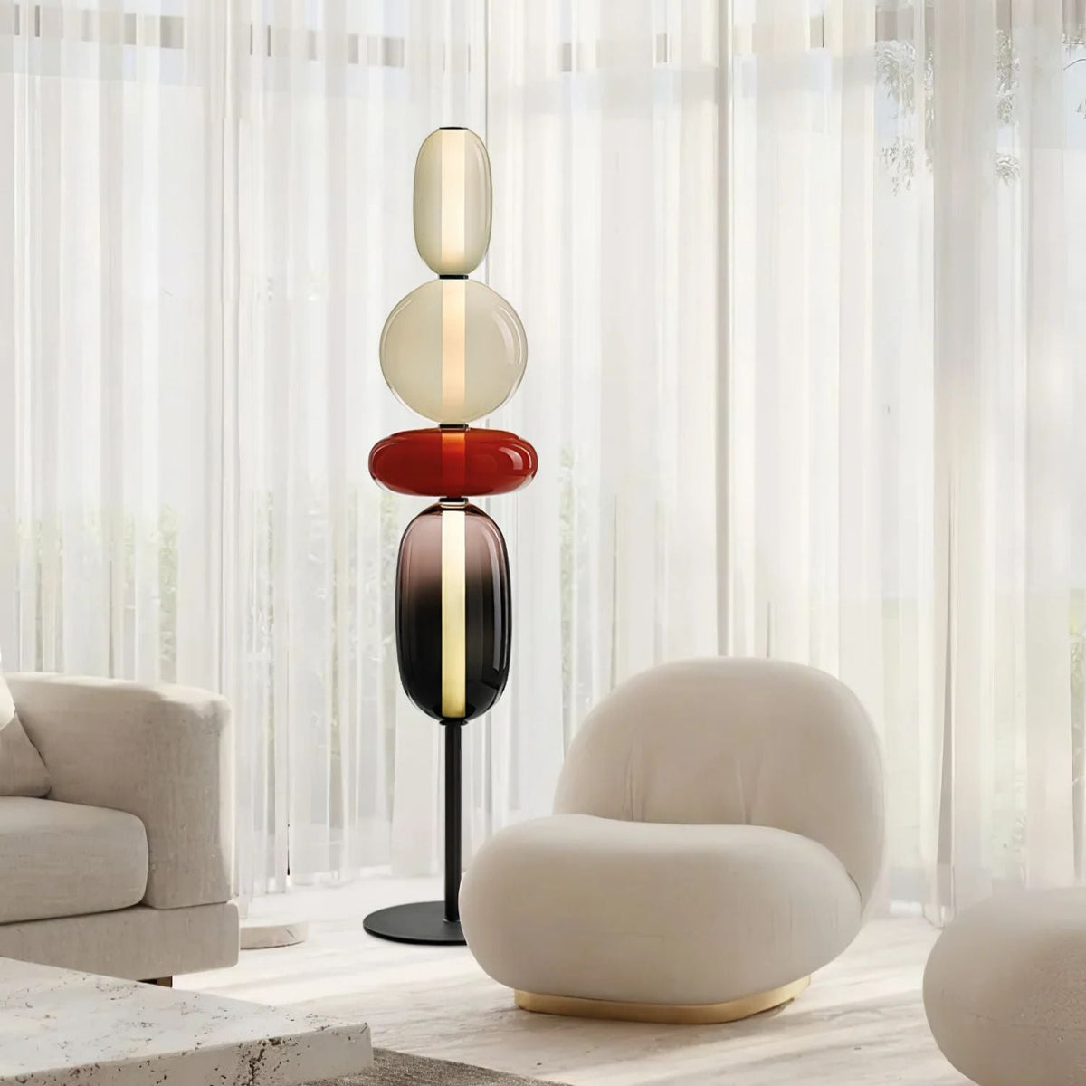 Artisan Glass Standing Lamp 63 in Red White Black Accent Light for Living Room Contemporary Sculptural Décor LED Uplight Statement Piece