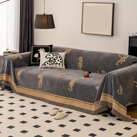 Sable Sofa Cover - Reversible Chenille, Tiger Motif for Sectional and Couch