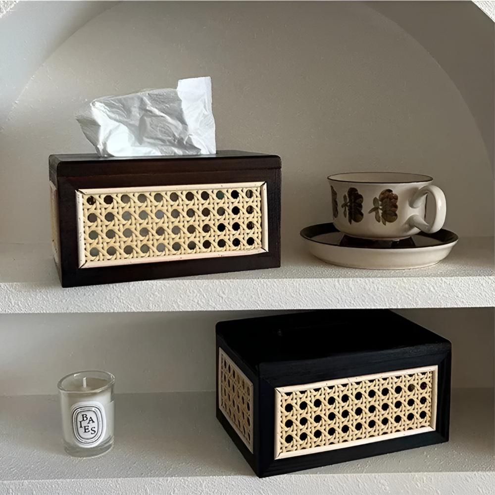 Jade Japandi Tissue Box Cover - Rattan and Wood, Minimalist Design