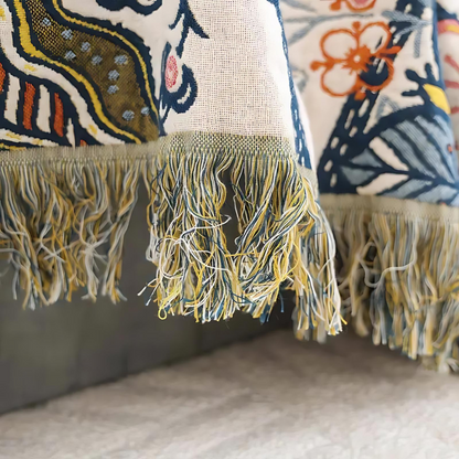 Reversible Floral Cotton Throw Blanket with Tassels – Jacquard Woven All-Season Sofa Throw for Living Room & Bedroom Decor