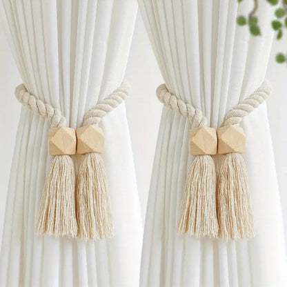 Woven Bead Curtain Tiebacks - Handcrafted Cotton, Rustic Charm