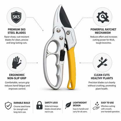 Ratchet Pruning Shears with SK5 Steel Blade & Non-Slip Ergonomic Handle for Garden Pruning
