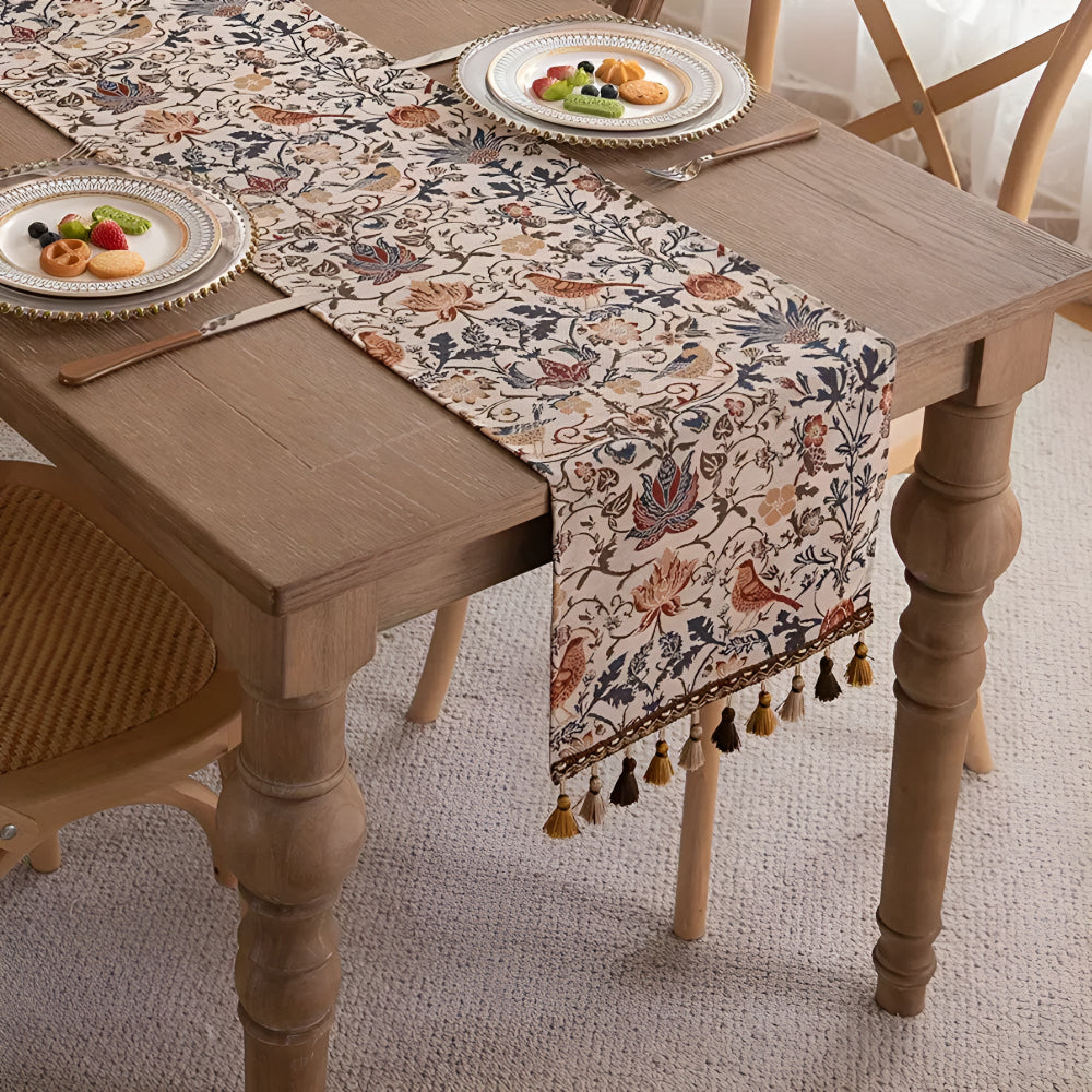 Woven Jacquard Table Runner with Tassels - Floral Bird Pattern for Dining & Coffee Tables - Vintage Countryside Design - Tassel Trim