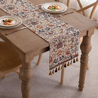 Woven Jacquard Table Runner with Tassels - Floral Bird Pattern for Dining & Coffee Tables - Vintage Countryside Design - Tassel Trim