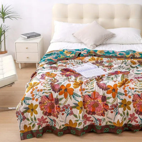 Cora Blanket Throw - 100% Cotton, Reversible Floral Design