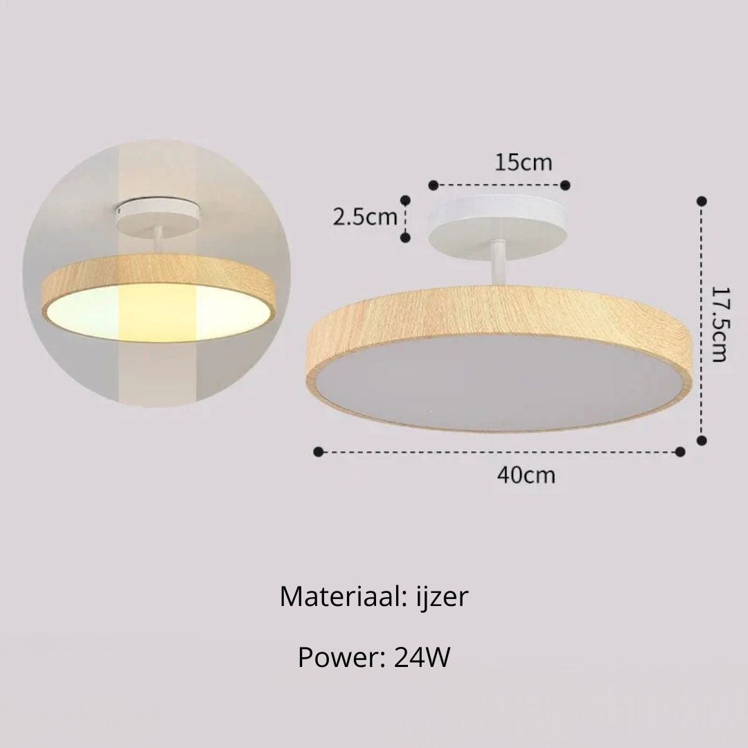 Round LED Flush Mount Ceiling Light with Faux Wood Finish – Iron Frame, Integrated Panel, 220-240V – For Bedroom, Living Room, Dining Room