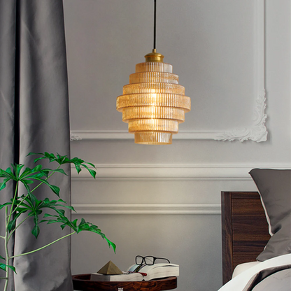 Tiered Glass Shade Ceiling Drop Light with Metallic Trim for Kitchen Islands & Eating Areas