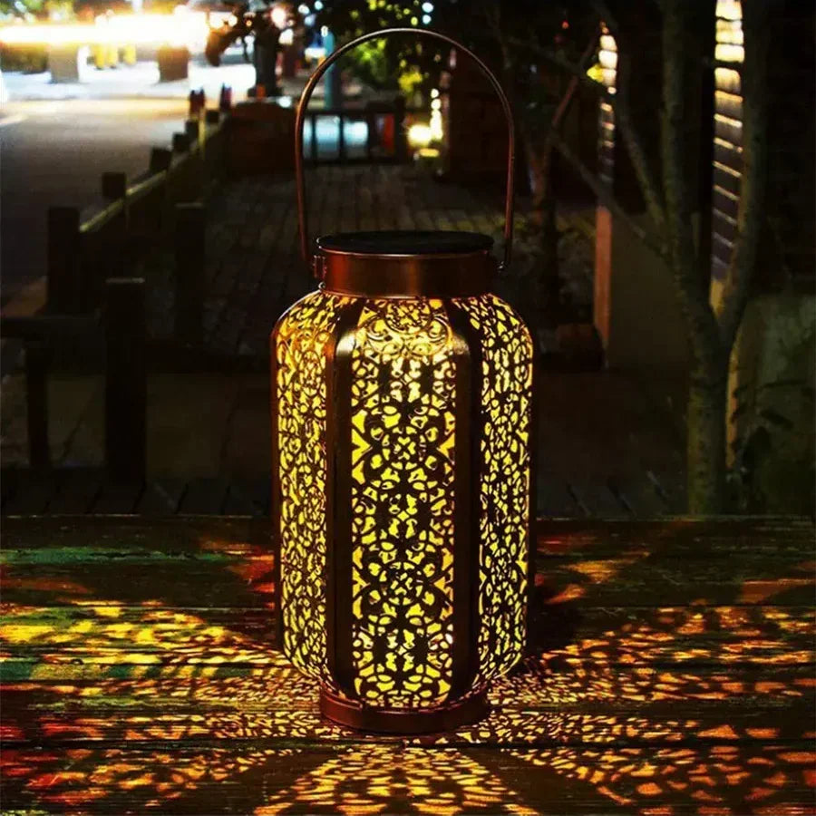 Openwork Metal Solar Lantern 9.3 in Hanging or Tabletop Garden Patio Light Outdoor Decorative Moroccan-Inspired Design for Porch Balcony Pat