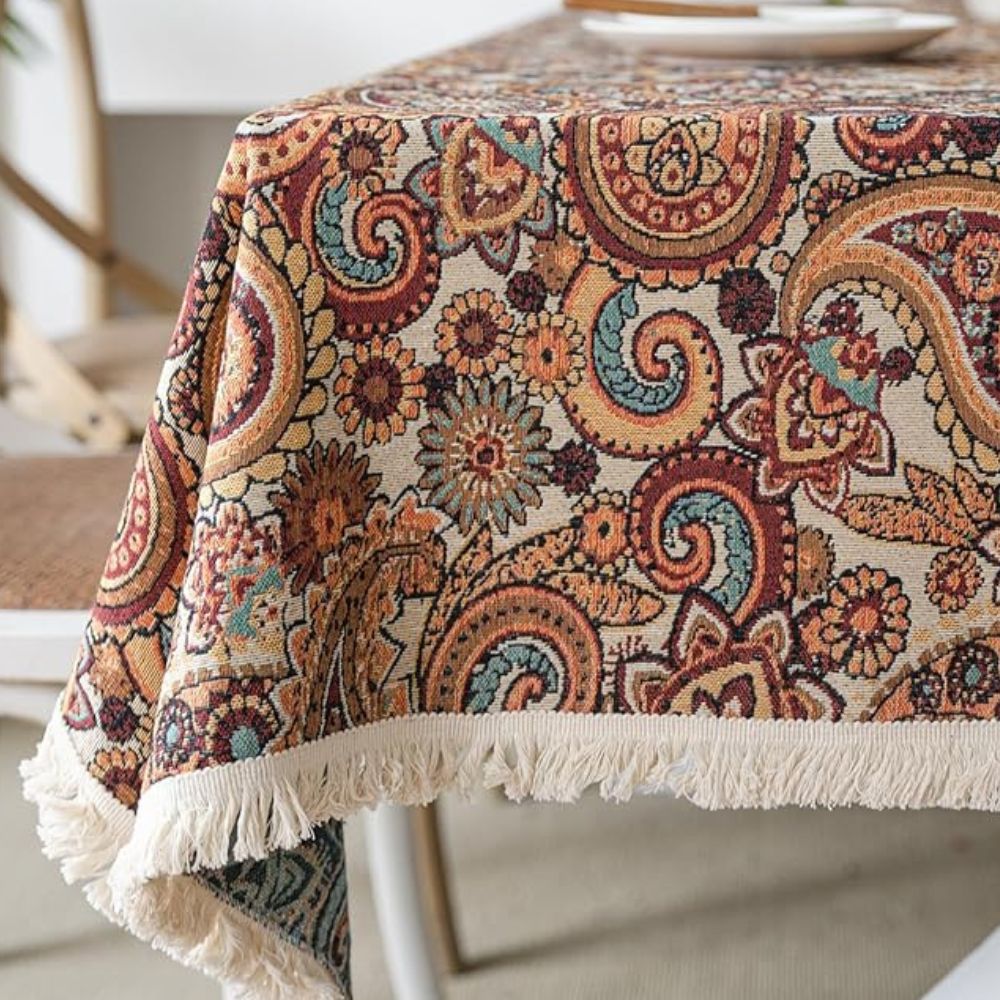 Aurelia Tablecloth - Bohemian Flowers, Microfiber Blend, Fringed Tassel Edges